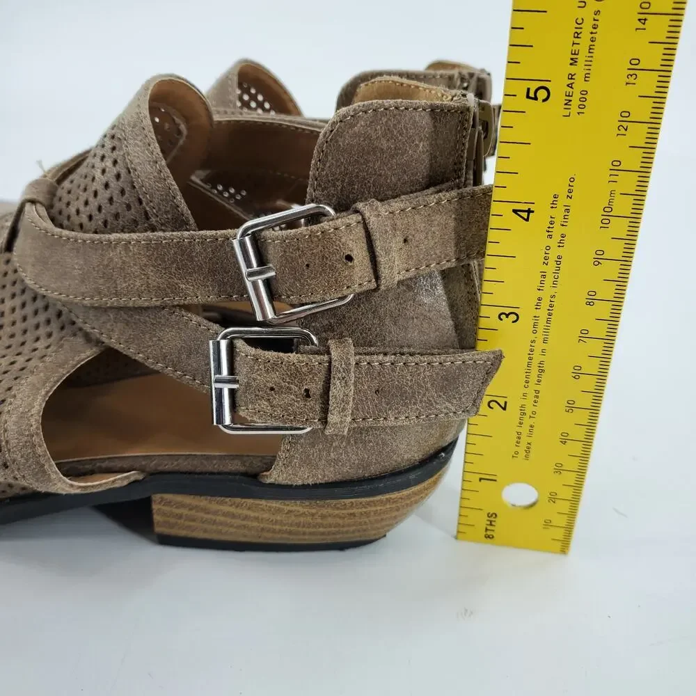 Qupid Distressed Perforated Tan Brown Heeled Open Boot Booties Vegan Women's 7